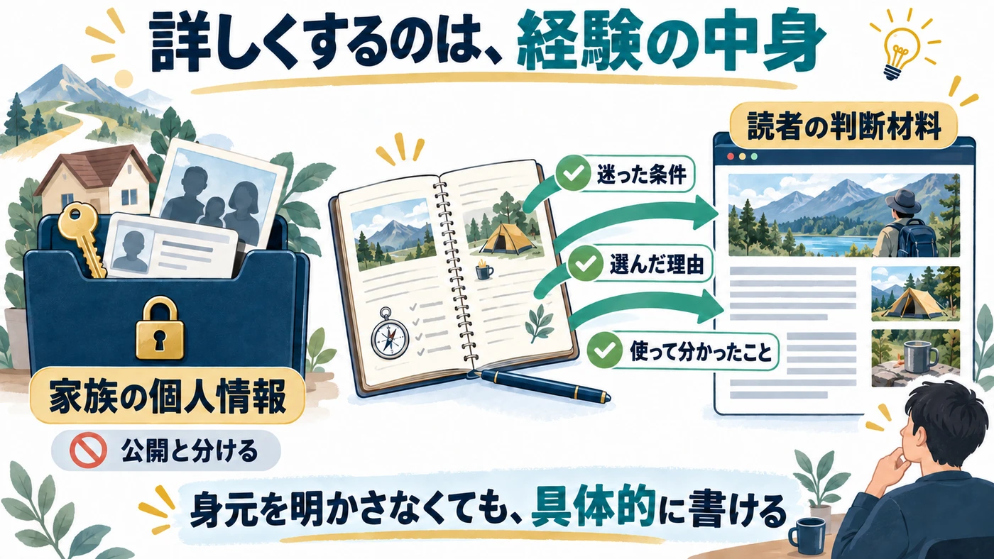家族の個人情報は非公開で分け、迷った条件、選んだ理由、使って分かったことを記事へ入れる図