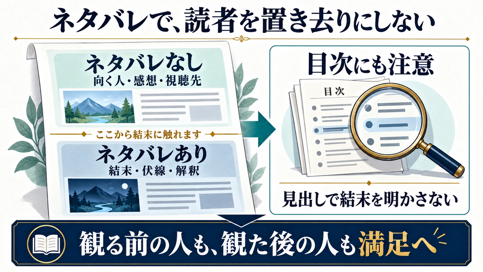 レビュー上部はネタバレなし、明示した境界の後に結末の考察を置き、目次の見出しにも注意する図解