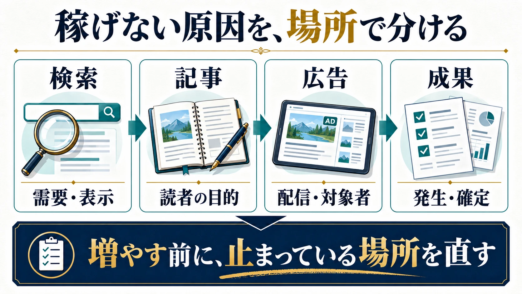 検索、記事、広告、成果の四段階に分けて映画ブログの収益が止まる場所を調べる図解