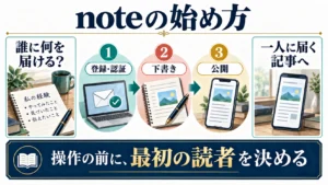 noteを始める前に読者を決め、登録・認証、下書き、公開へ進む流れ