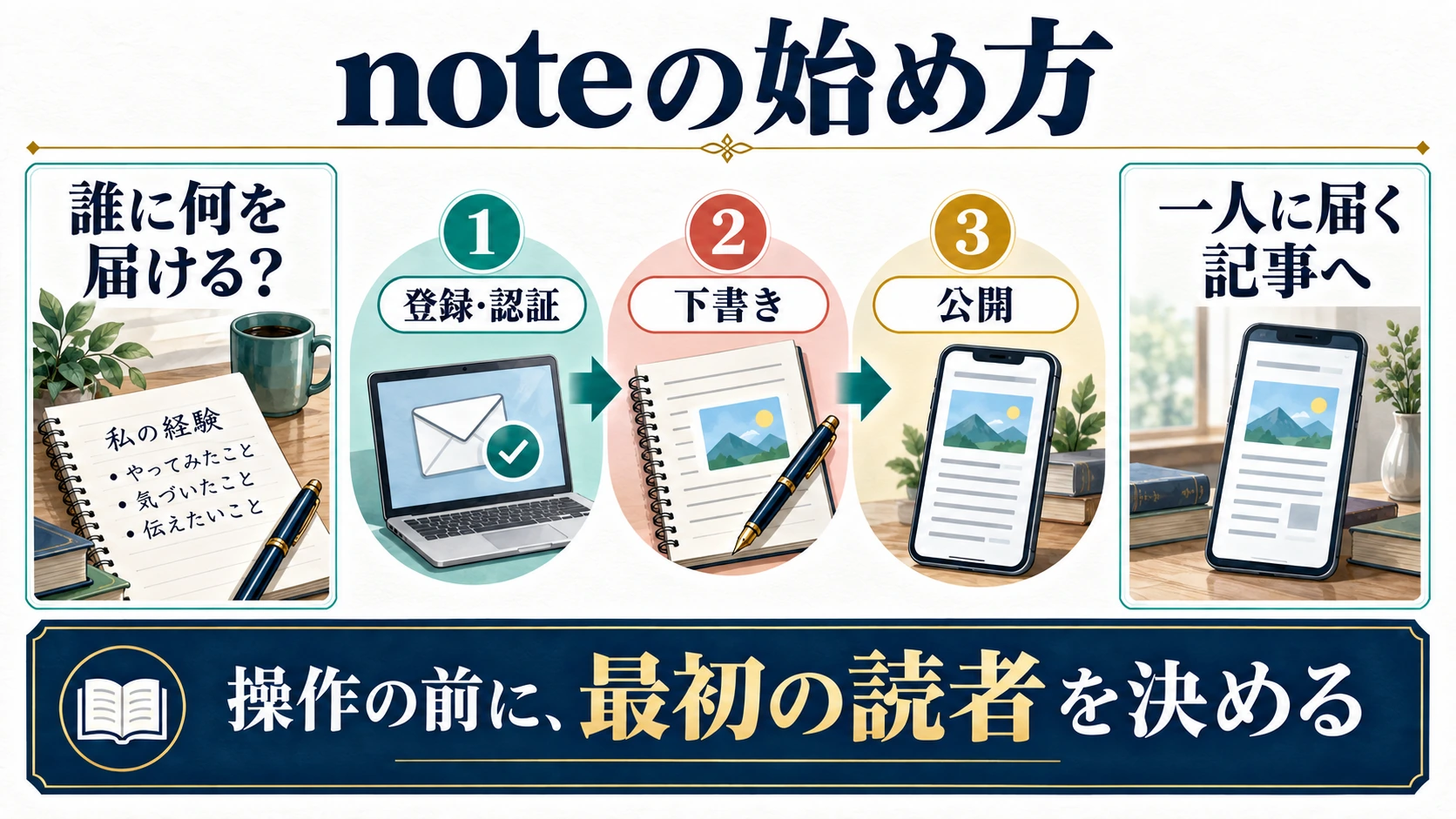 noteを始める前に読者を決め、登録・認証、下書き、公開へ進む流れ