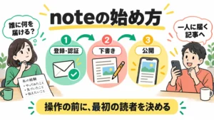 noteを始める前に読者を決め、登録・認証、下書き、公開へ進む流れ