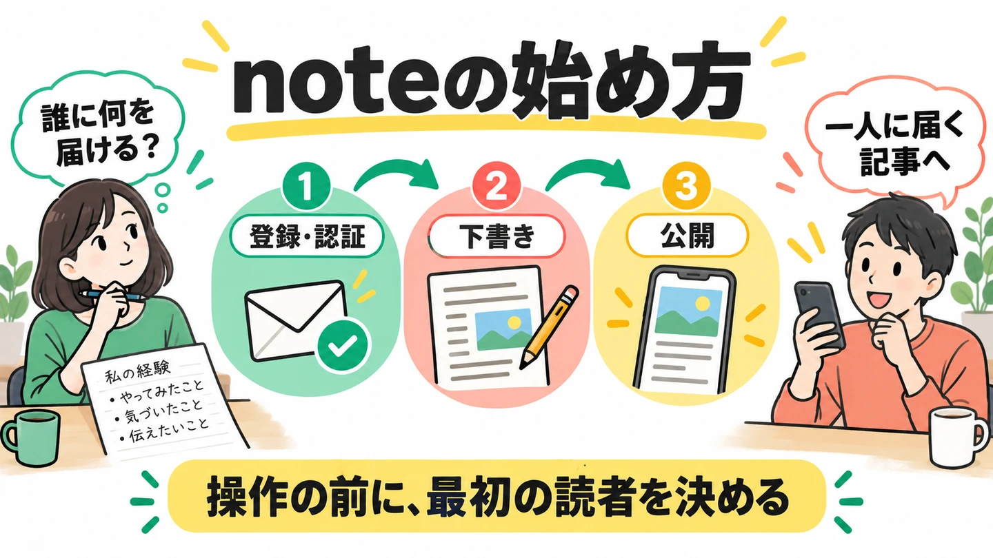 noteを始める前に読者を決め、登録・認証、下書き、公開へ進む流れ