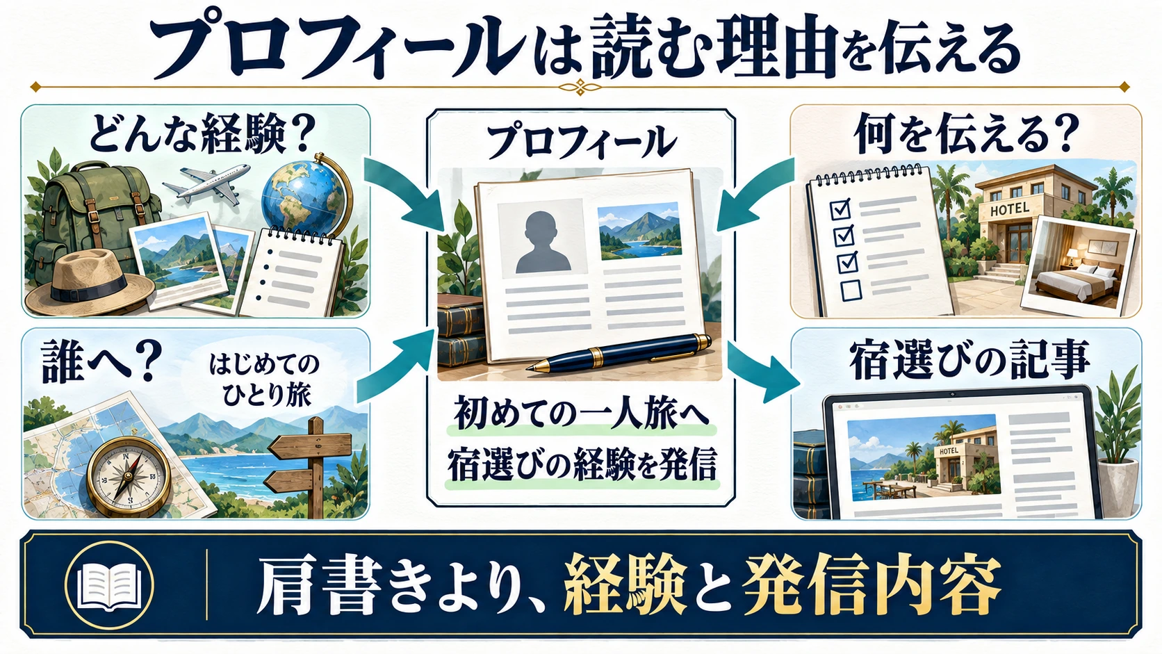経験・読者・伝える内容をプロフィールと最初の記事へつなげる図