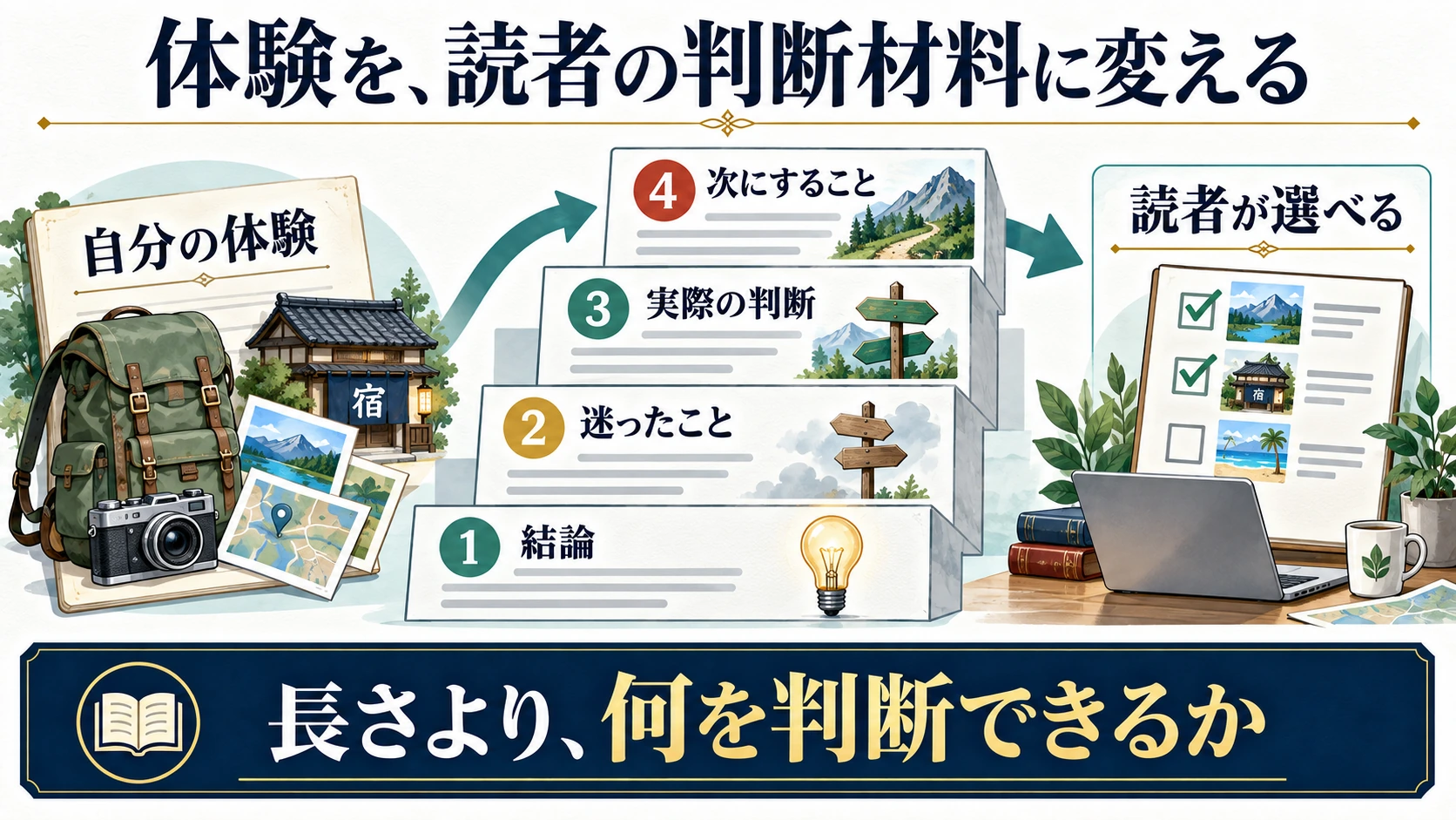 体験から結論・迷ったこと・実際の判断・次の行動を記事にする四段階