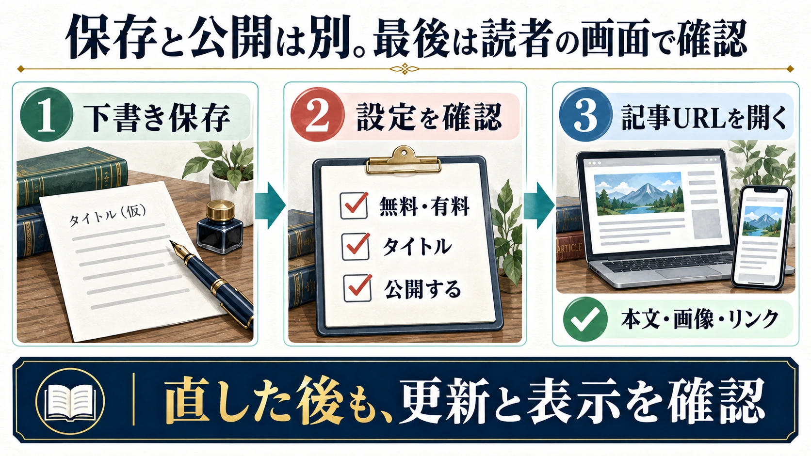 下書き保存、公開設定、記事URLを開いた表示確認を分けた図