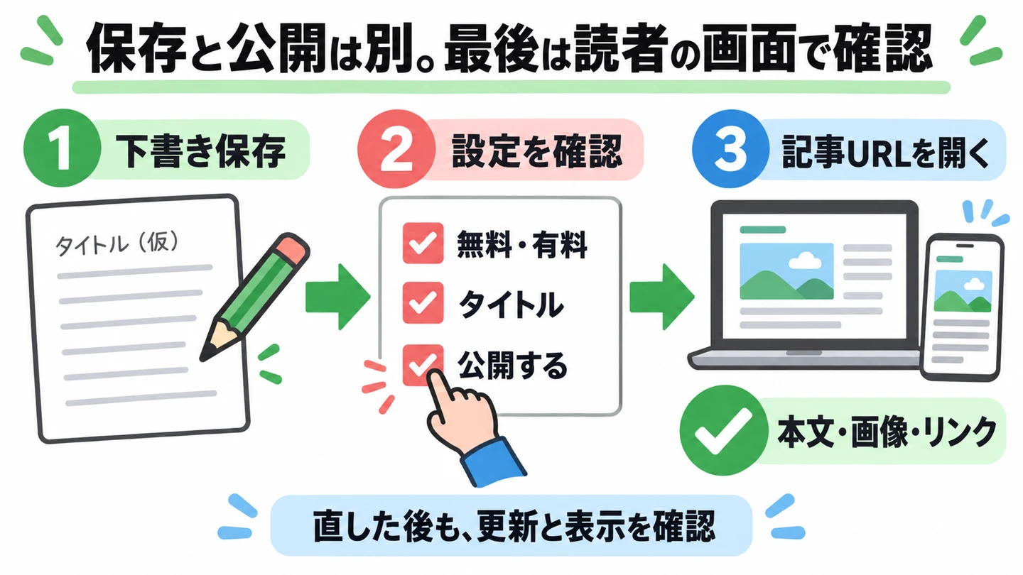 下書き保存、公開設定、記事URLを開いた表示確認を分けた図