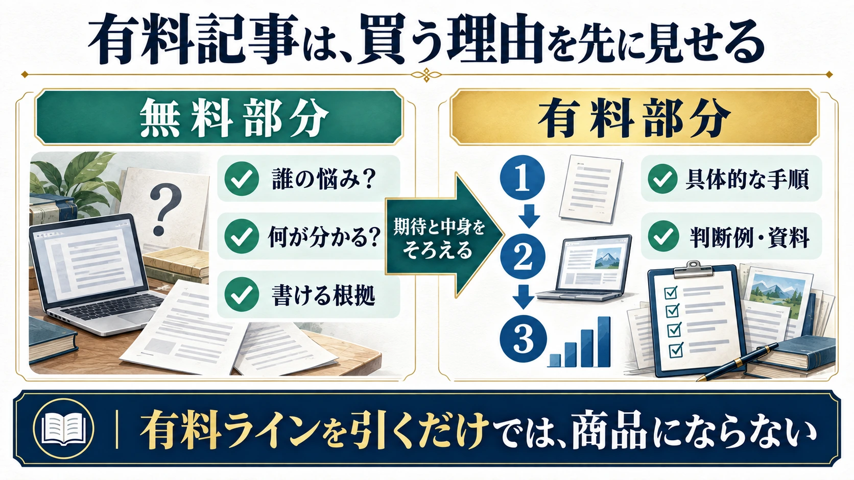 無料部分で示す悩み・内容・根拠と、有料部分で渡す手順・判断資料の関係