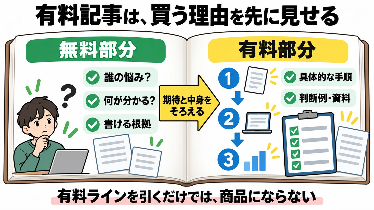 無料部分で示す悩み・内容・根拠と、有料部分で渡す手順・判断資料の関係