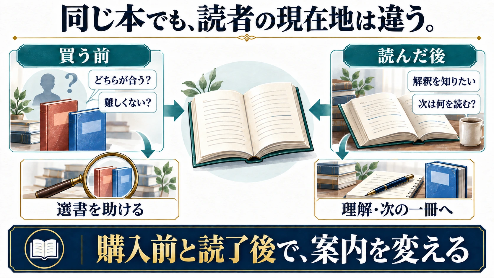 買う前の比較と、読んだ後の解釈や次の一冊という二つの読者の目的