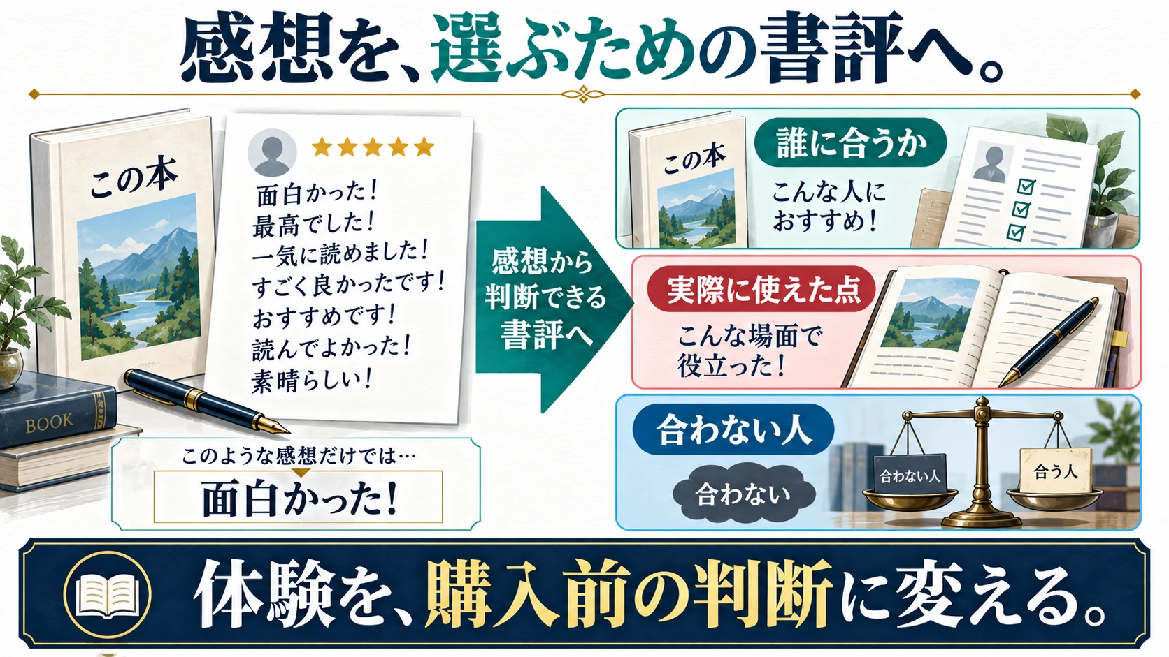 漠然とした感想を、向いている人・使えた点・合わない人という書評へ変える図