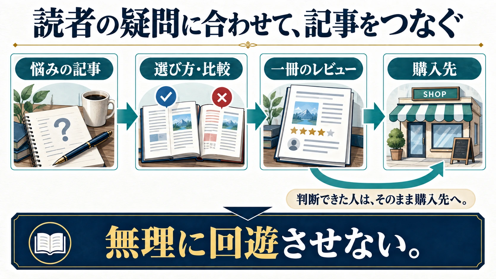 悩み・選び方・レビューをつなぎ、判断できた読者を購入先へ案内する流れ