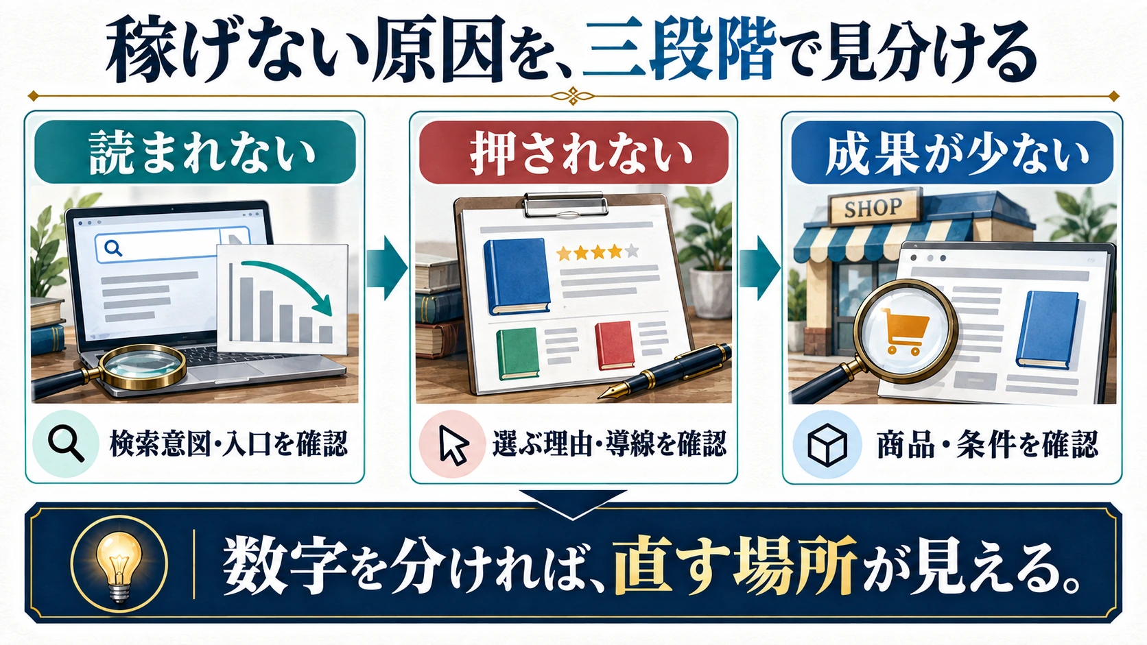 読まれない・押されない・成果が少ない段階ごとに見直す場所を分けた診断図
