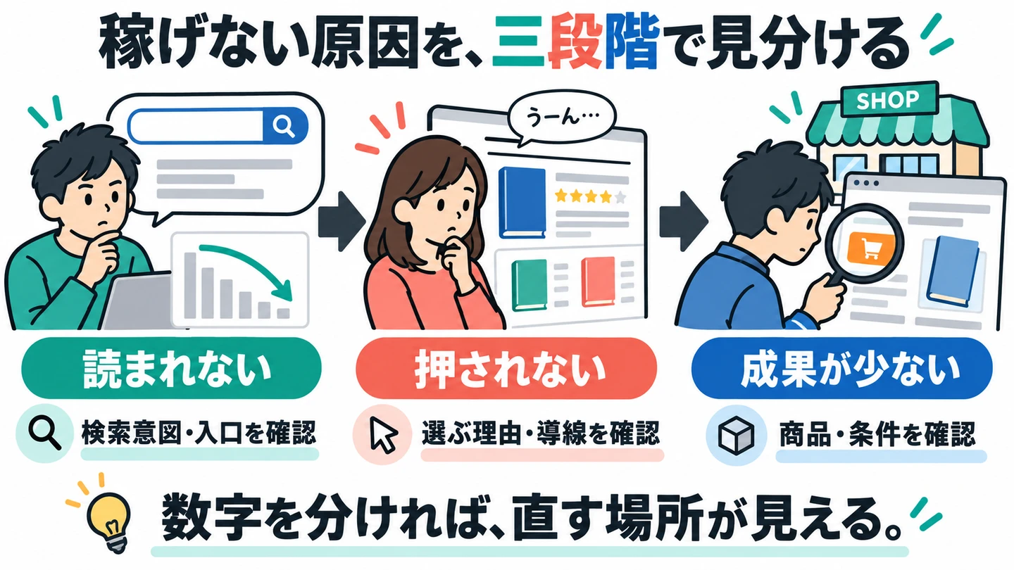 読まれない・押されない・成果が少ない段階ごとに見直す場所を分けた診断図