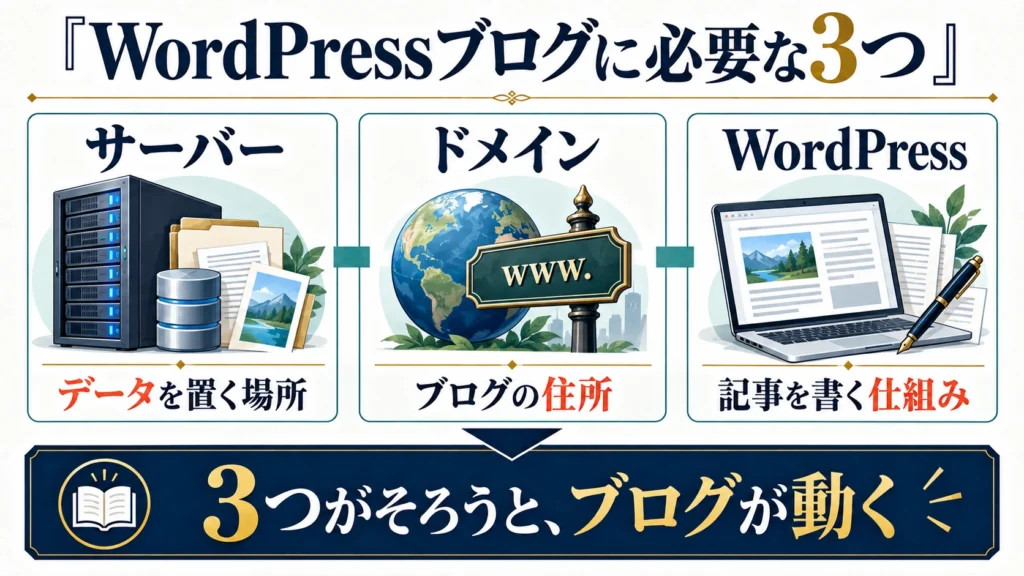 サーバーはデータの置き場所、ドメインはブログの住所、WordPressは記事を書く仕組みという三つの役割