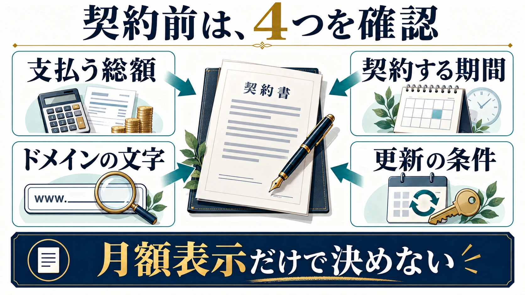 契約前に支払う総額、契約期間、ドメインの文字、更新条件を確認する四つのチェックポイント