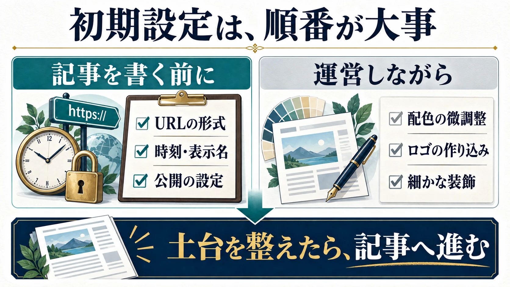 URL形式、時刻と表示名、公開設定を先に整え、配色やロゴなど細かな装飾は運営しながら調整する順序