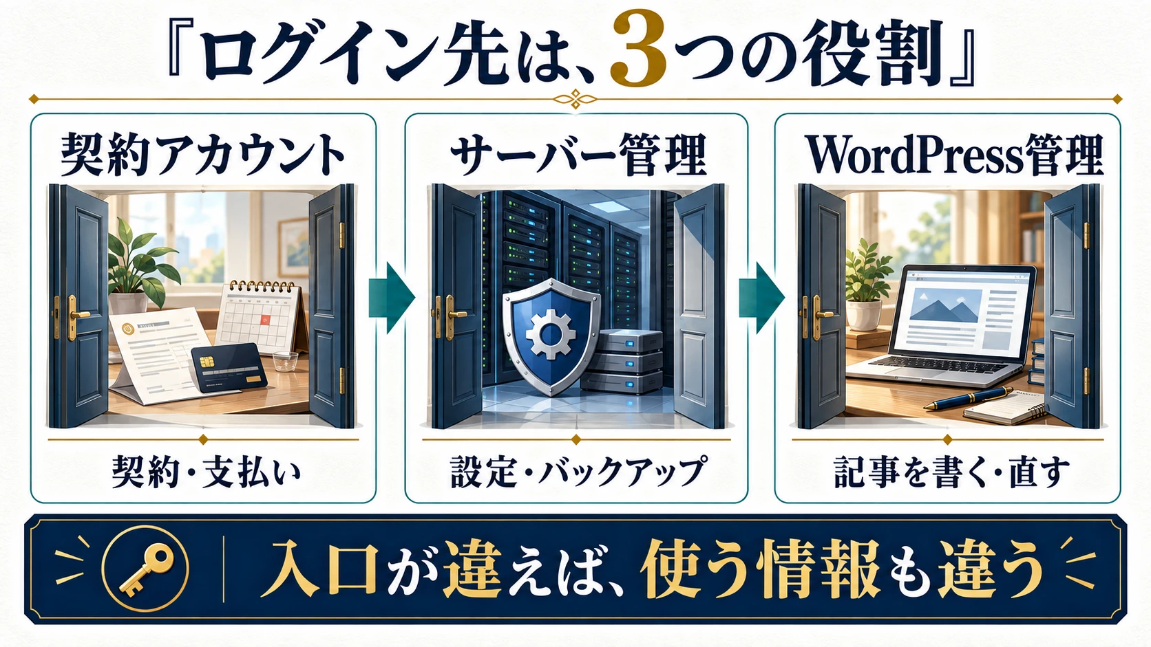 契約アカウントは支払い、サーバー管理は設定とバックアップ、WordPress管理は記事編集を担当する三つの入口