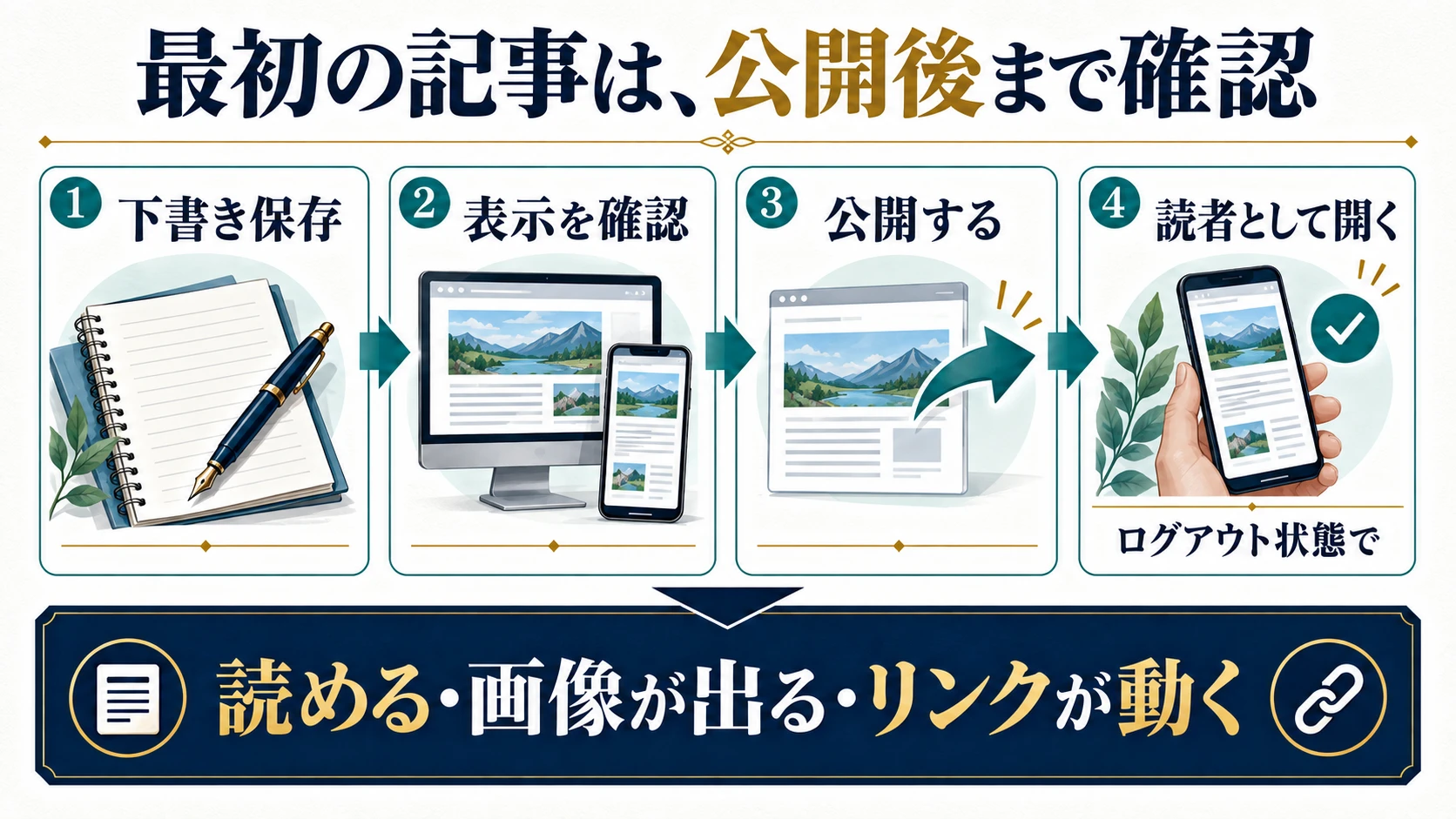 下書き保存、表示確認、公開、ログアウト状態で読者として開くという最初の記事の公開手順