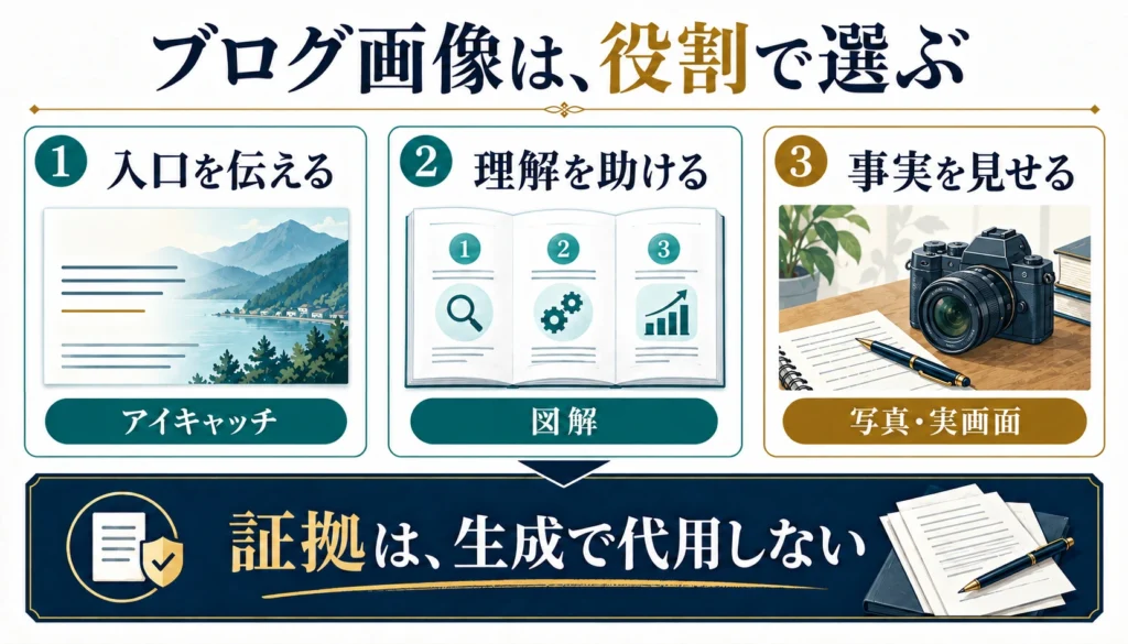 ブログ画像をアイキャッチ、図解、写真・実画面に分け、それぞれ入口・理解・事実を伝える役割を示した図
