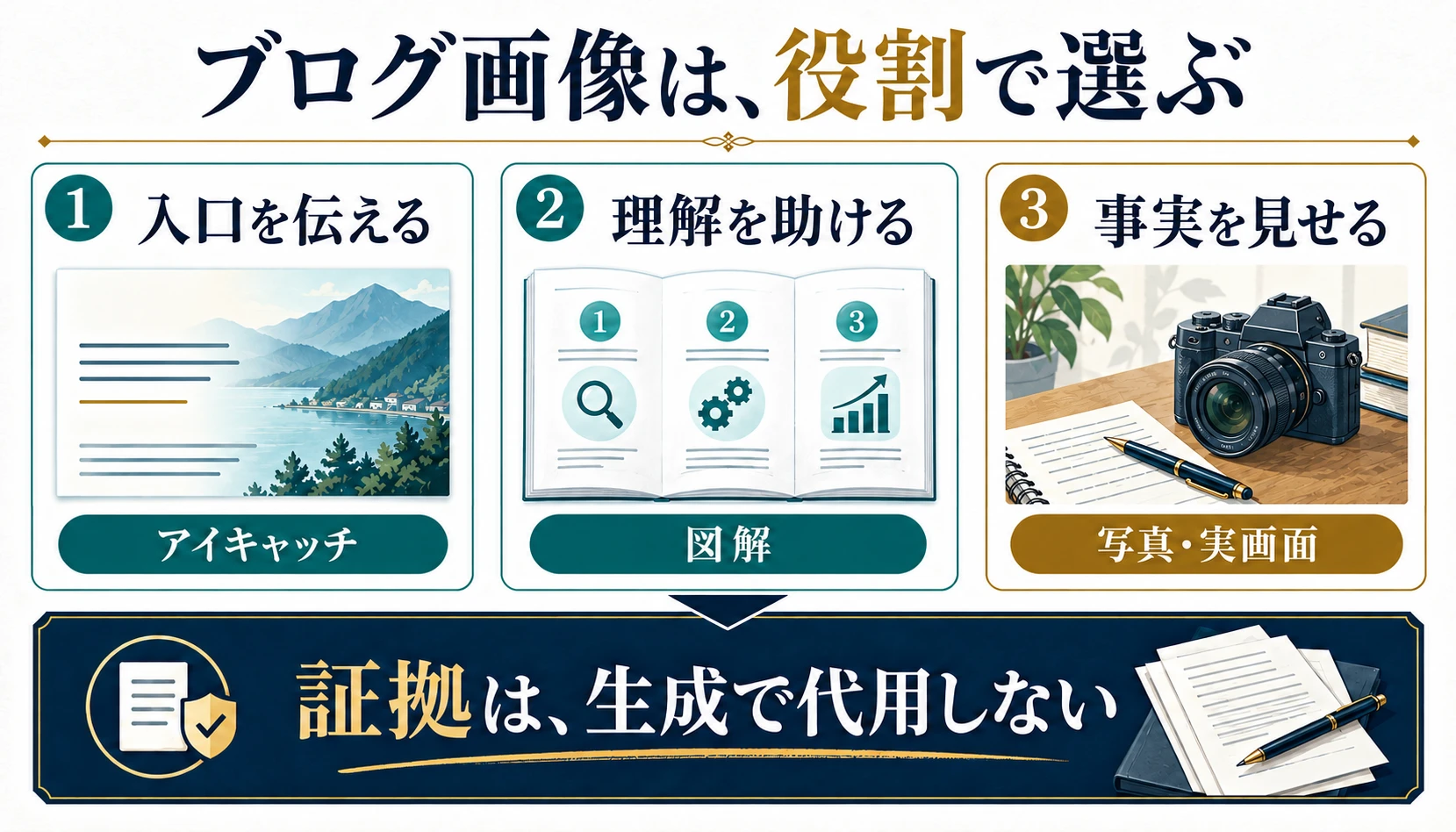 ブログ画像をアイキャッチ、図解、写真・実画面に分け、それぞれ入口・理解・事実を伝える役割を示した図