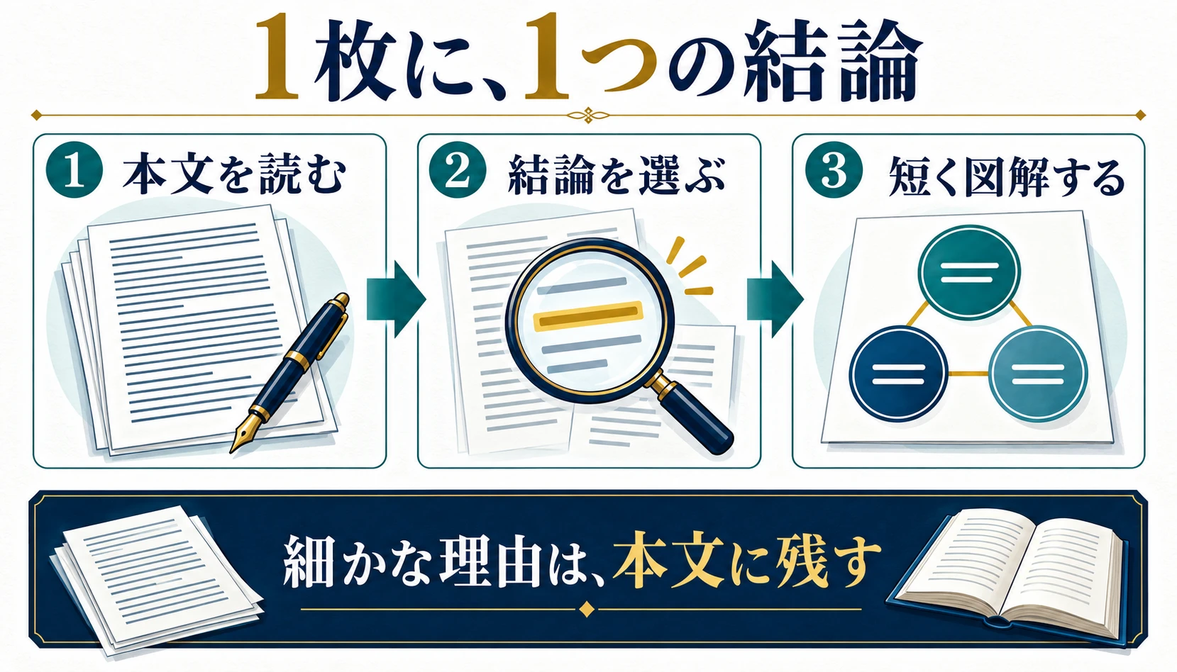 本文を読み、伝えたい結論を一つ選び、短い図解にする流れ。細かな理由は本文に残す