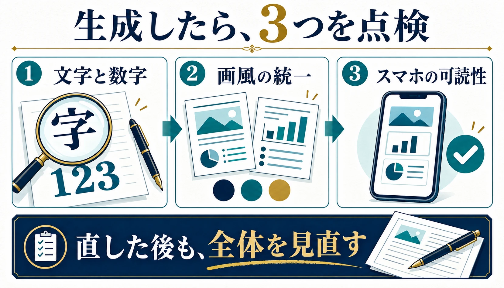 画像生成後に確認する3項目は文字と数字、画風の統一、スマホでの読みやすさ