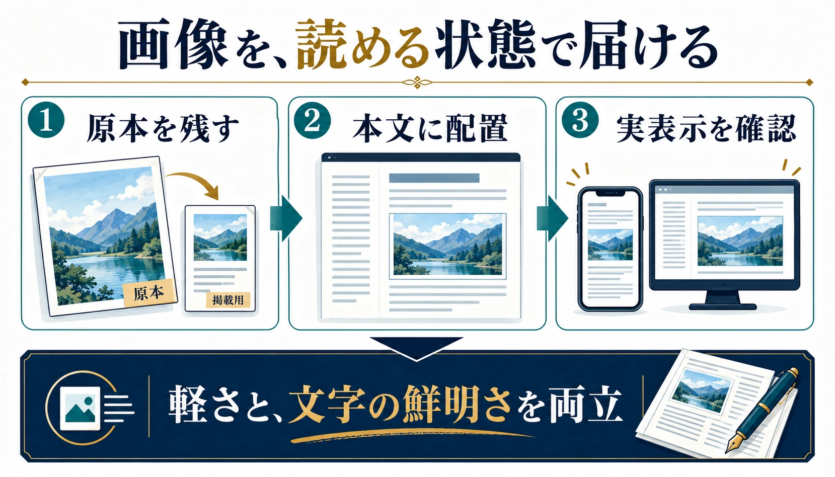 元画像を残して調整し、本文の近くに配置し、パソコンとスマホの実際の表示を確認する手順
