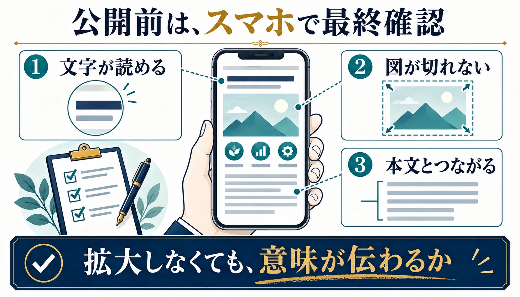 スマホで文字の読みやすさ、図の切れ、前後の本文とのつながりを確認する図