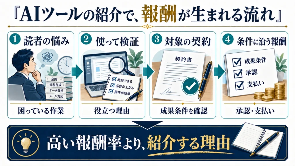 読者の悩み、使用検証、対象の契約、条件に沿う報酬をつなぐ四段階の図解