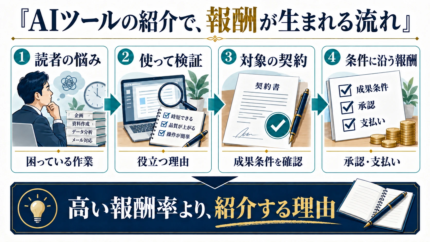 読者の悩み、使用検証、対象の契約、条件に沿う報酬をつなぐ四段階の図解