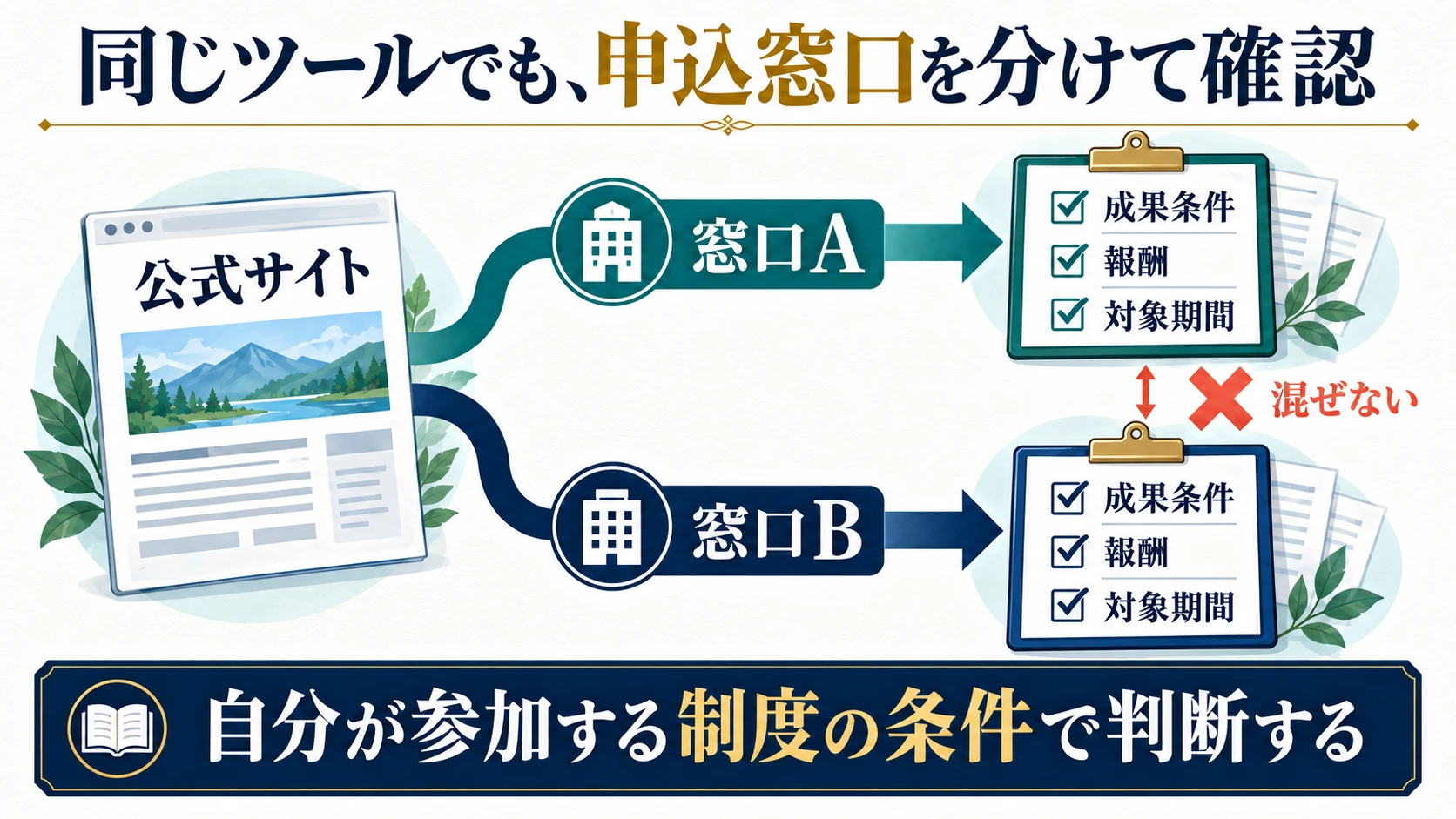 公式サイトから二つの申込窓口に分かれ、それぞれの成果条件・報酬・対象期間を別々に確認する図解