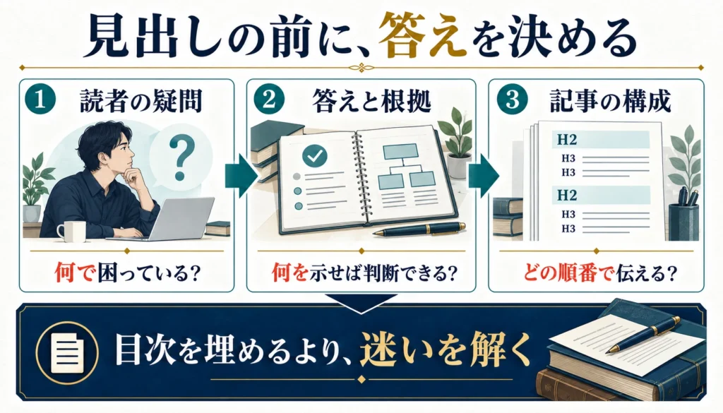 読者の疑問、答えと根拠、記事の構成の順に整理する流れ