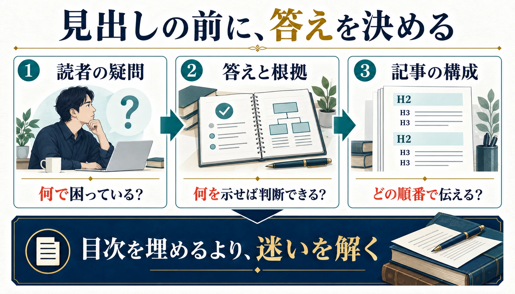 読者の疑問、答えと根拠、記事の構成の順に整理する流れ