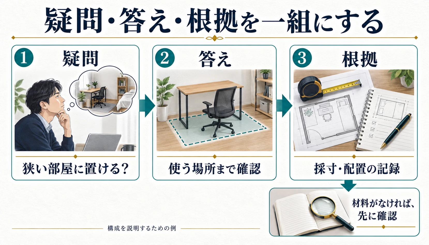 狭い部屋に机を置けるかという疑問に、使用範囲の確認と採寸記録で答える材料表の考え方