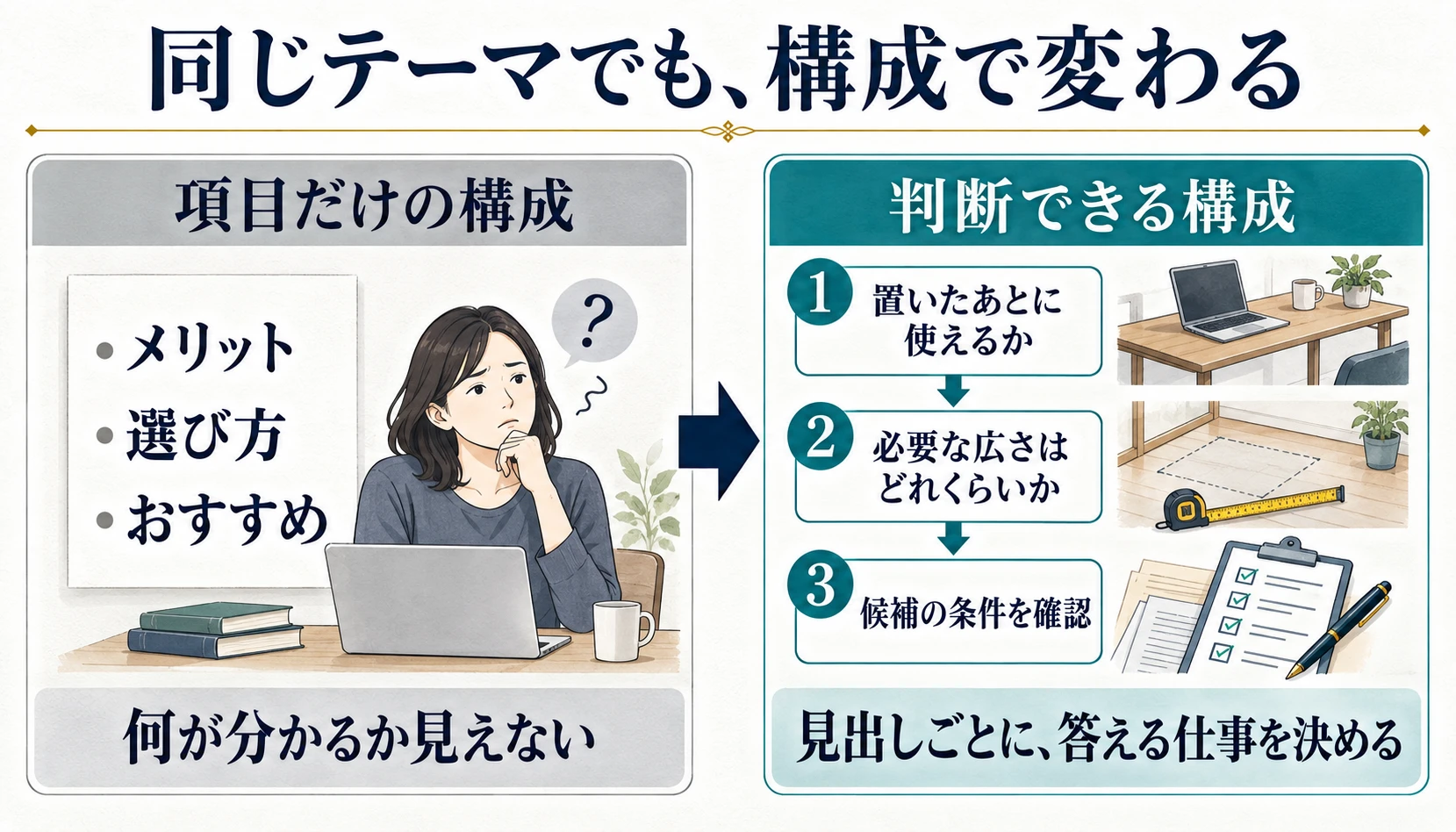 項目名だけの構成と、読者の判断が進む具体的な見出し構成の比較