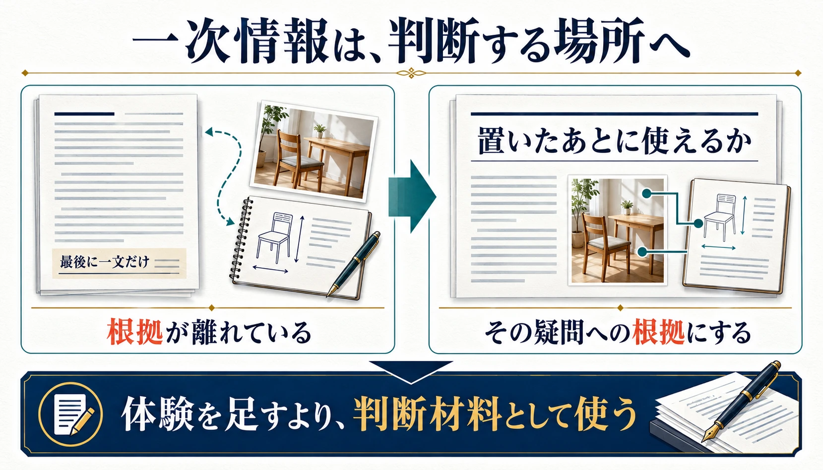 記事末尾に一文だけ体験を添える形から、読者が判断する章の根拠として配置する形への変更