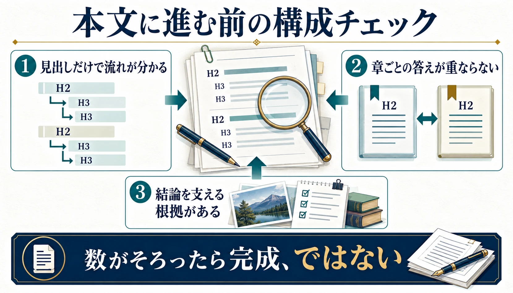見出しの流れ、章の重複、結論の根拠を確認してから本文へ進むチェック図