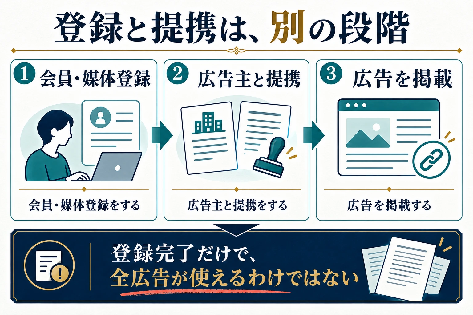 ASPへの会員・媒体登録、広告主との提携、広告掲載は別の段階であることを示す図