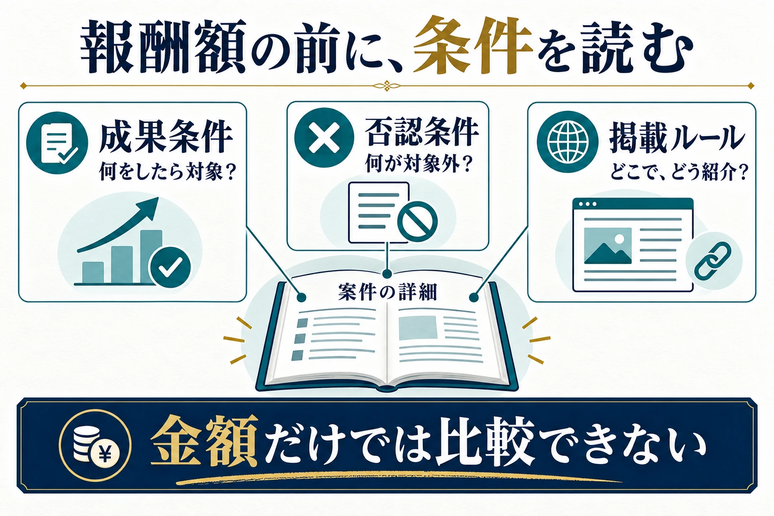 案件を比較するときに成果条件、否認条件、掲載ルールを確認する図
