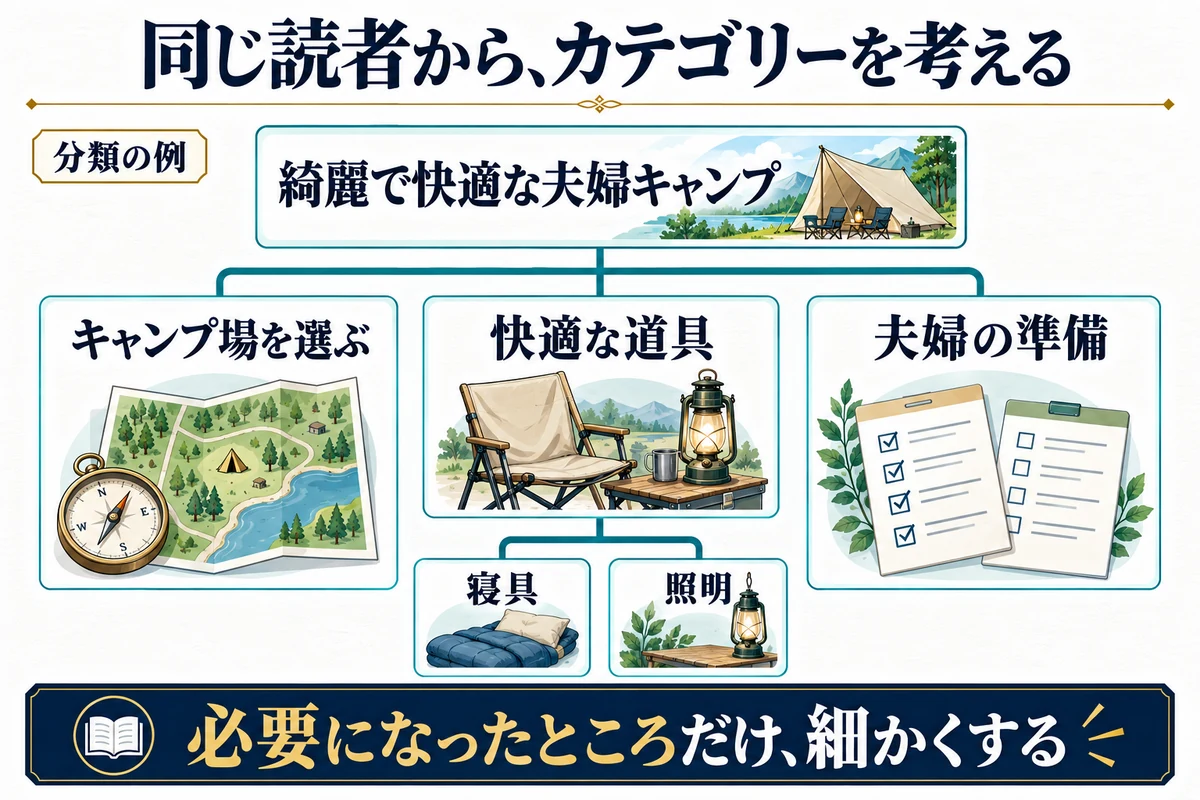 綺麗めキャンプの設計意図をもとにした説明用の分類例です。