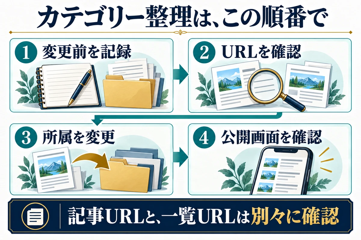 変更前の記録とURL確認を先に行い、最後に読者が見る画面を確かめます。