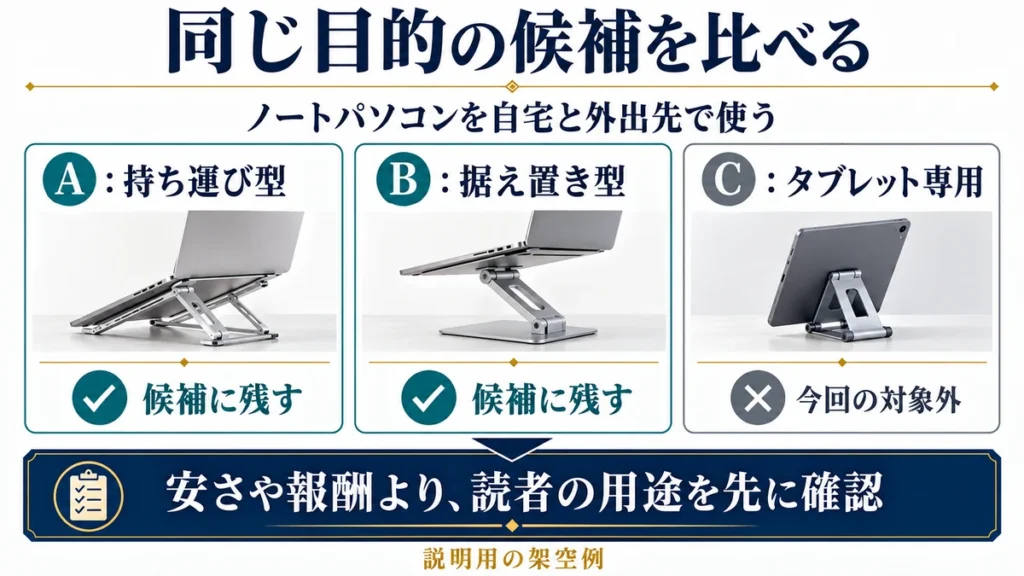同じ用途の候補としてAとBを残し、タブレット専用のCを除外する比較対象の選び方