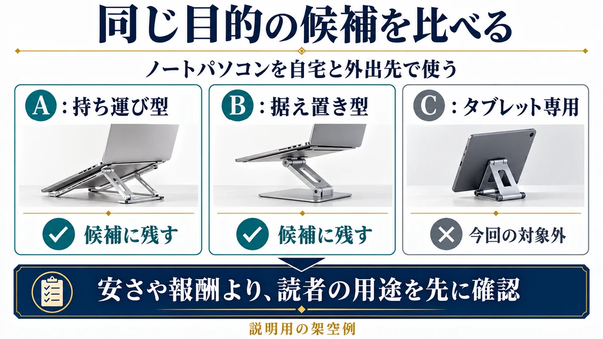 同じ用途の候補としてAとBを残し、タブレット専用のCを除外する比較対象の選び方