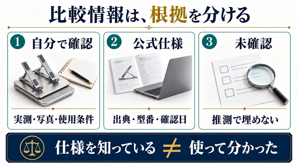 自分で確認した体験、公式仕様、未確認の情報を分ける図