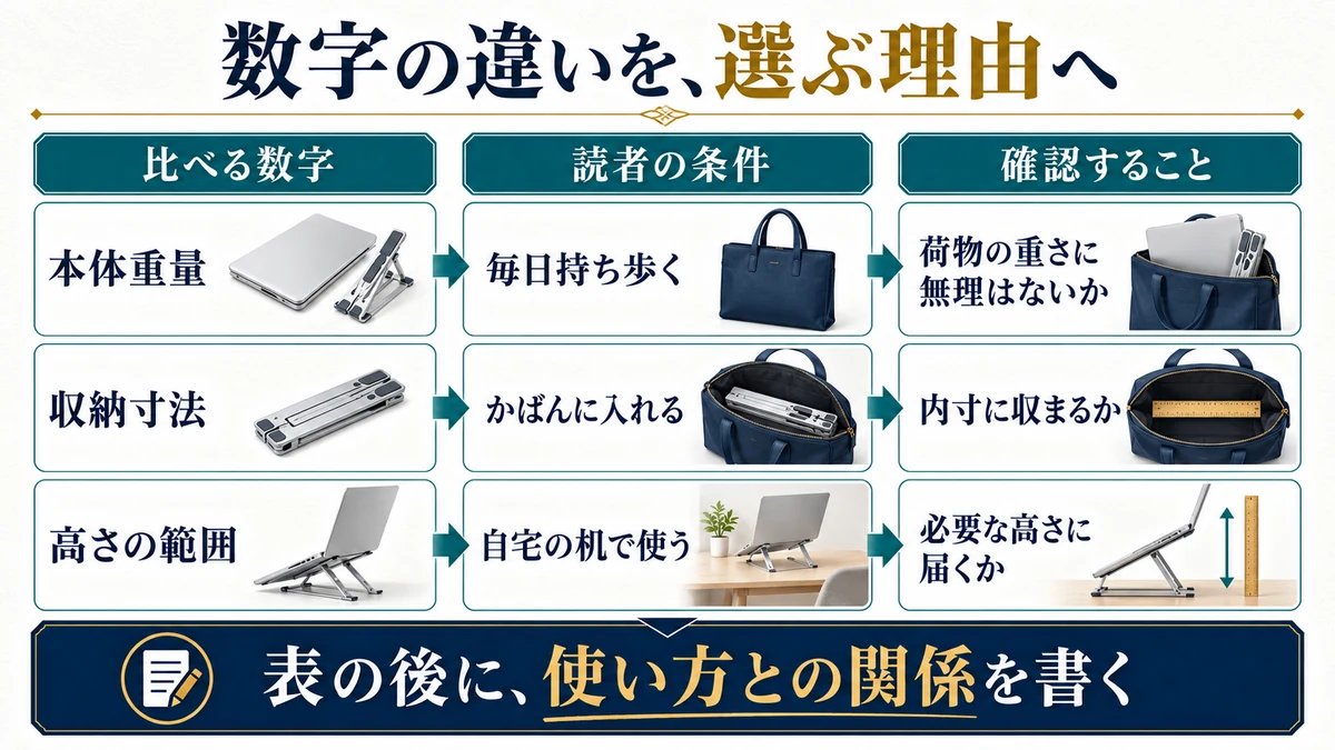 重量、収納寸法、高さを読者の使い方と確認事項へ結びつける図