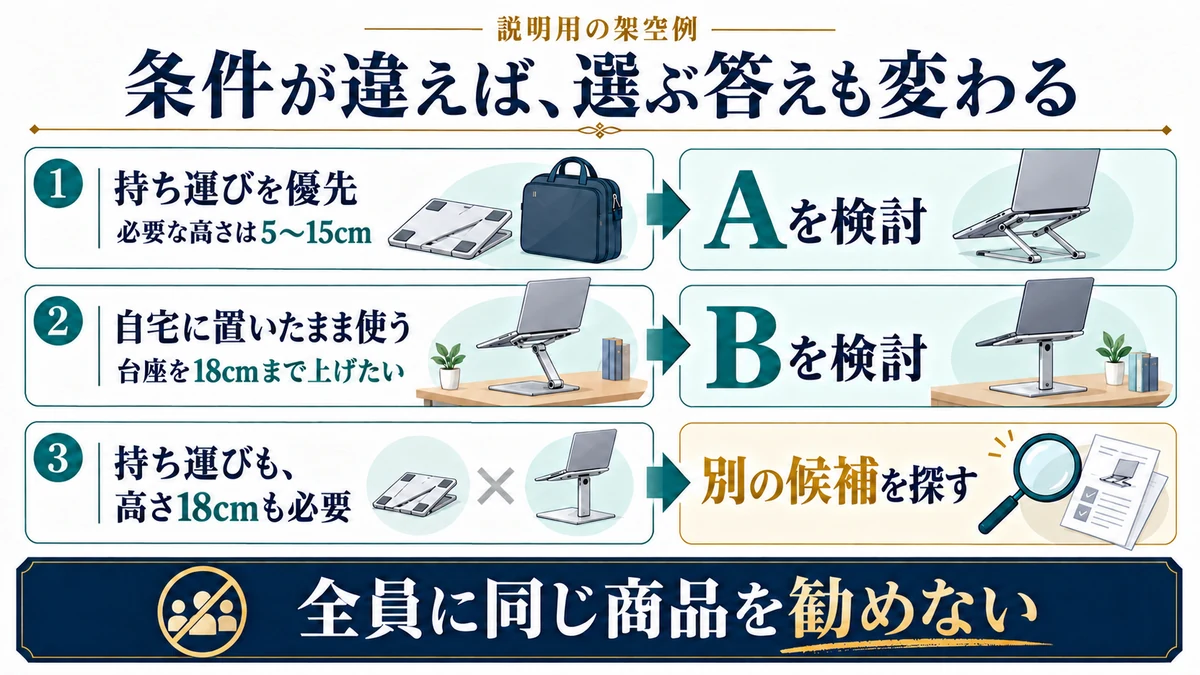 携帯性と5〜15cmの高さならA、自宅で18cmならB、両立できない条件なら別候補を探す図