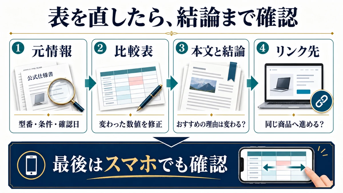 元情報から比較表、本文と結論、リンク先、スマホ表示まで点検する流れ