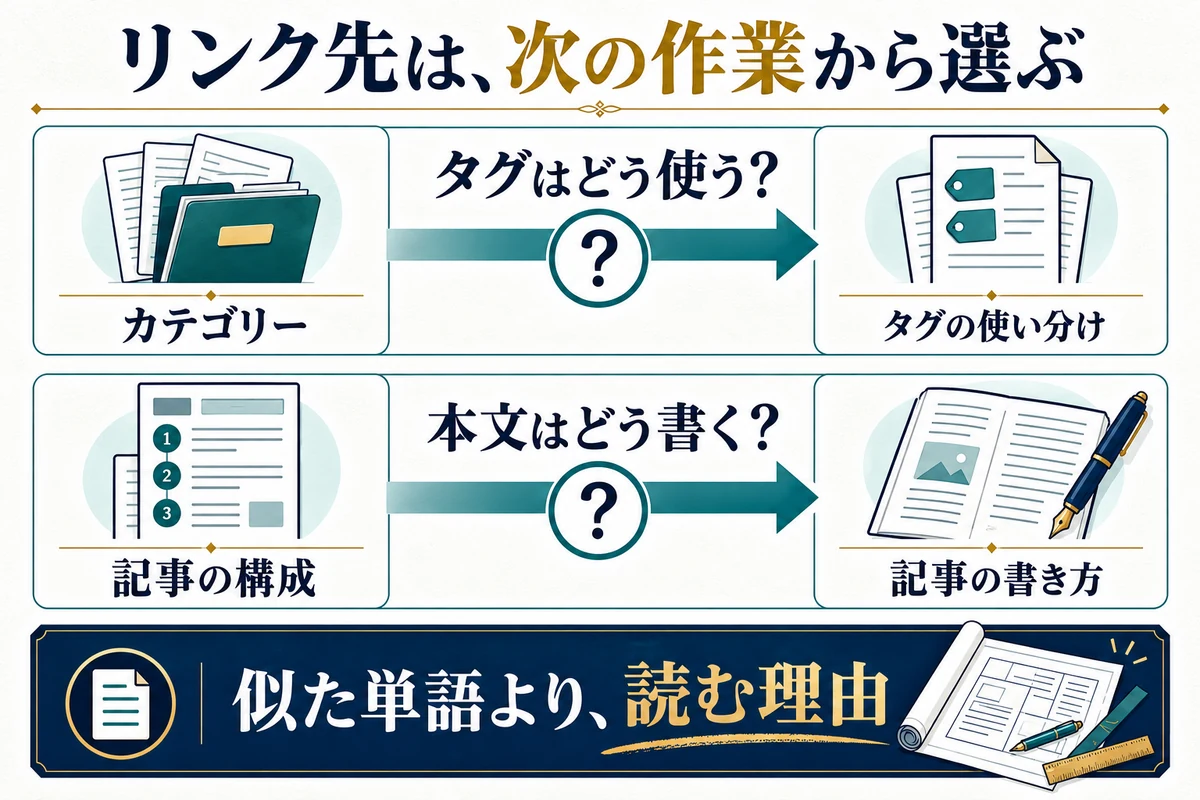 同じテーマかどうかより、読者が次にすることからリンク先を選びます。