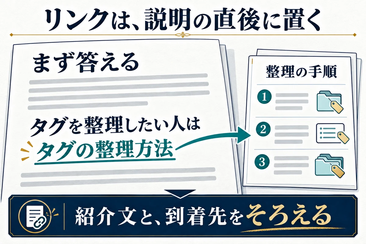 説明した直後に、リンク先で分かる内容を具体的な言葉で示します。